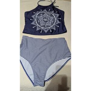 L Mandala Tankini - Navy + white Halter tie Hi Waisted Striped Bikini Set NWOT